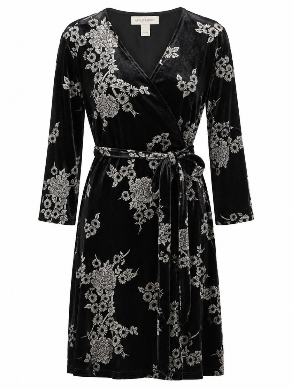 APOSTROPHE | Black Metallic Silver Floral Velvet Wrap Dress | L Petite 14P 16P